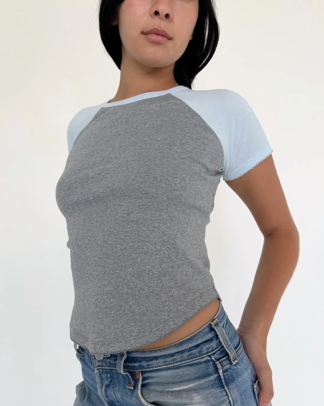 COU Navy Blue Raglan Short-Sleeved Top Light Blue Gray Color Block Irregular Hem Casual Fit Women's Top
