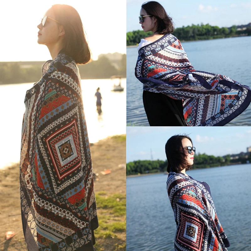 1PC Women Shawl Travel Ethnic Style Polyester Sun Protection Beach Cape Desert Sun Protection Cape Sun Protection Scarf Silk