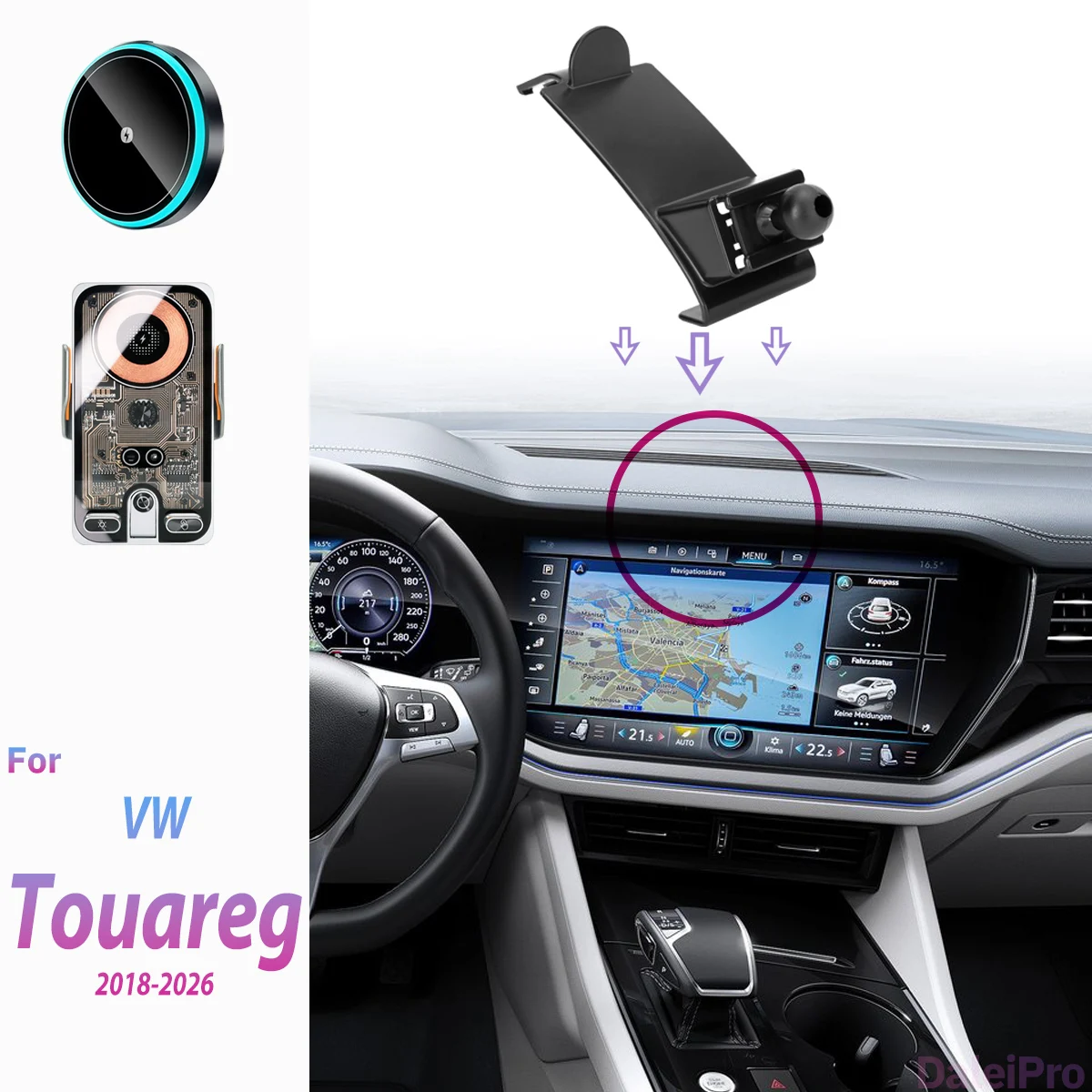 Support de téléphone pour voiture VW Touareg 2018 2019 2020 2021 2022-2026, chargeur sans fil, support magnétique puissant à fixation automatique