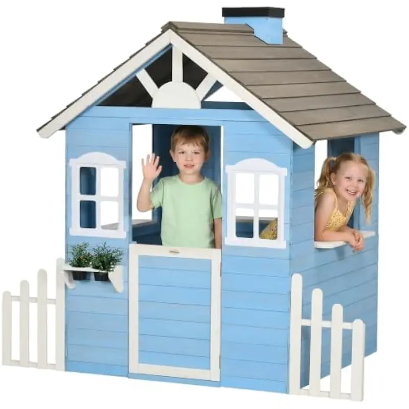 Outdoor Kids Playhouse in Rustic Cottage Design Featuring Sloped Roof Shade Two Decorative Hedges Retro-Style Windows Planter Po