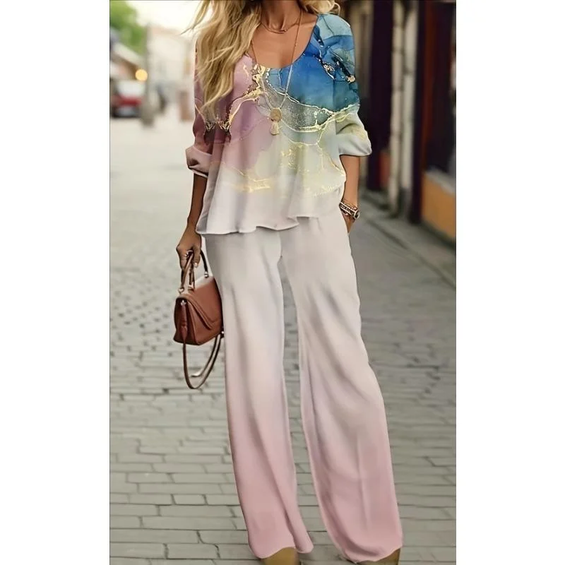 Woman 2 Piece Set Outfit Mid Sleeve Long Pants Set Women Summer Feather Print Fashion Streetwear 2000S Clothing Y2K