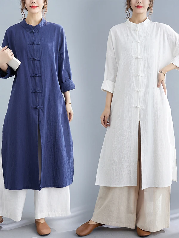 

Casual Loose Fit Tai Chi irt for Women Medium Long Sle Button Disk Closure Large Size Tea Hermit Top Spring Season Casual...
