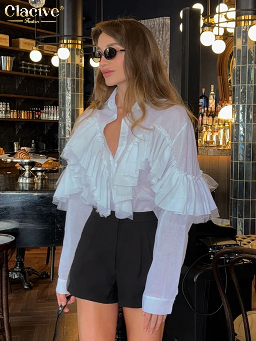 Clacive Fashion Loose White Women's Shirt 2025 Casual Lapel Long Sleeve Shirts Elegant Classic Ruffle Solid Top Female Clothing