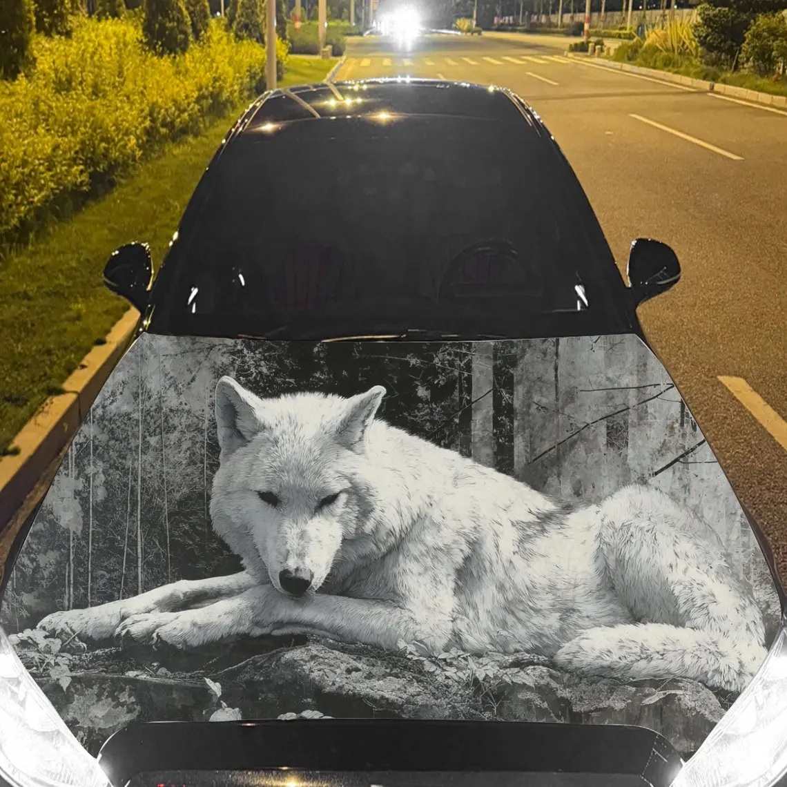 

Car Decal White Wolf with Monochrome Realistic Textured Motif in Artistic Wildlife-Intimate Style - Bold Natural Calm Fantasy Ae