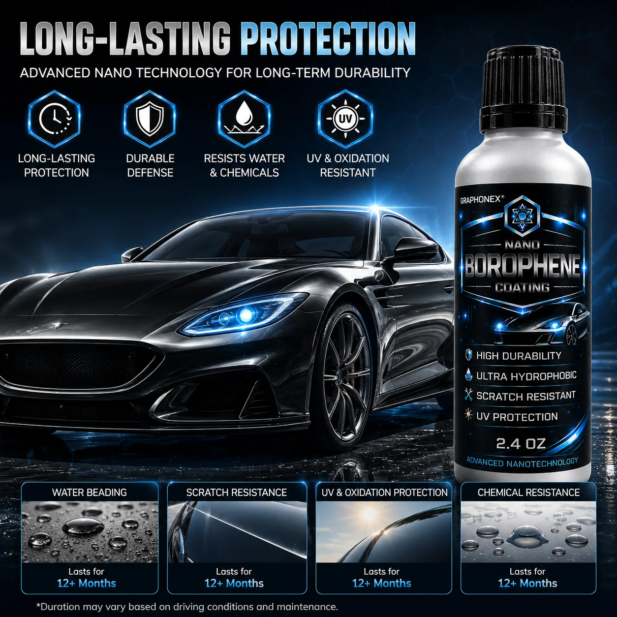 Nano Borophene Car Ceramic Coating – Ultra-Hydrophobic, Scratch Resistant, UV Protection & High Durability