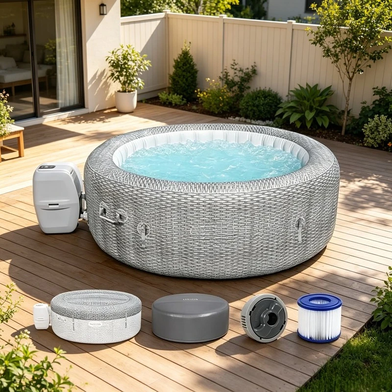 Honolulu 4 to 6 Person Inflatable Hot Tub, Round Energy-Efficient Portable Outdoor Spa with 140 AirJets, 77