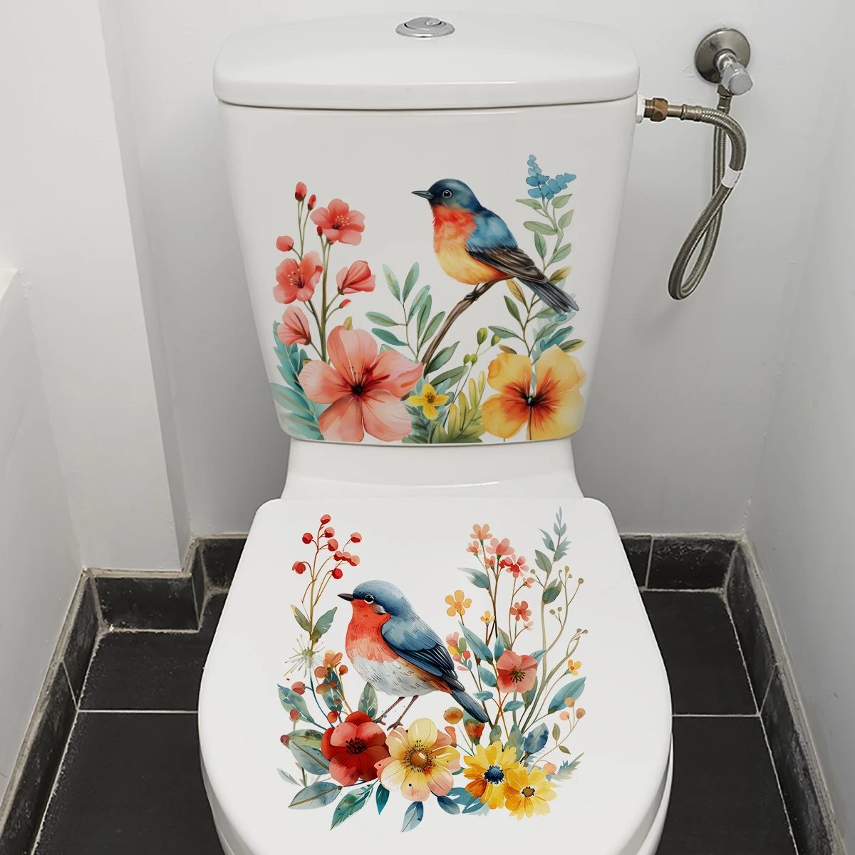 2PCS DIY bathroom sticker bird flower design for bathroom water tank decoration toilet sticker detachable waterproof
