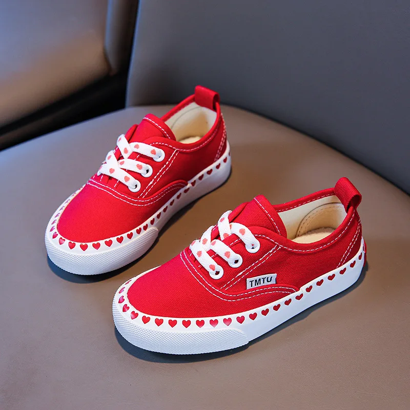 Children Shoes Spring Autumn Low-top Canvas Baby Toddler One-step Soft Shoes Girls and Boys Fashion Heart Print Sneakers