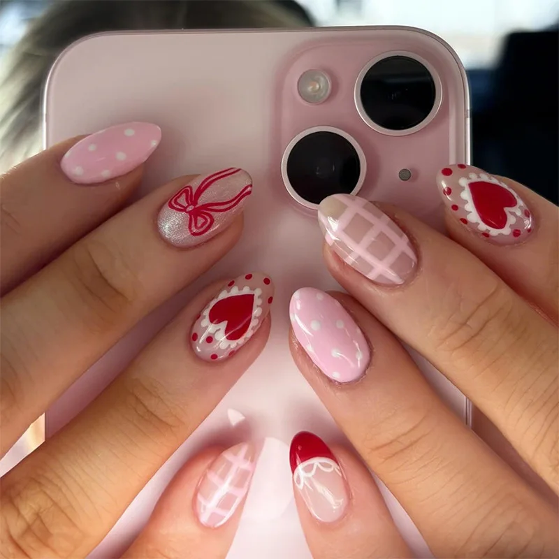 

24PCS Sweet Pink Plaid French Press on Nails Red Bow Heart Simple Polka Dots Almond Fake Nails for Girls Women Valentine's Nails