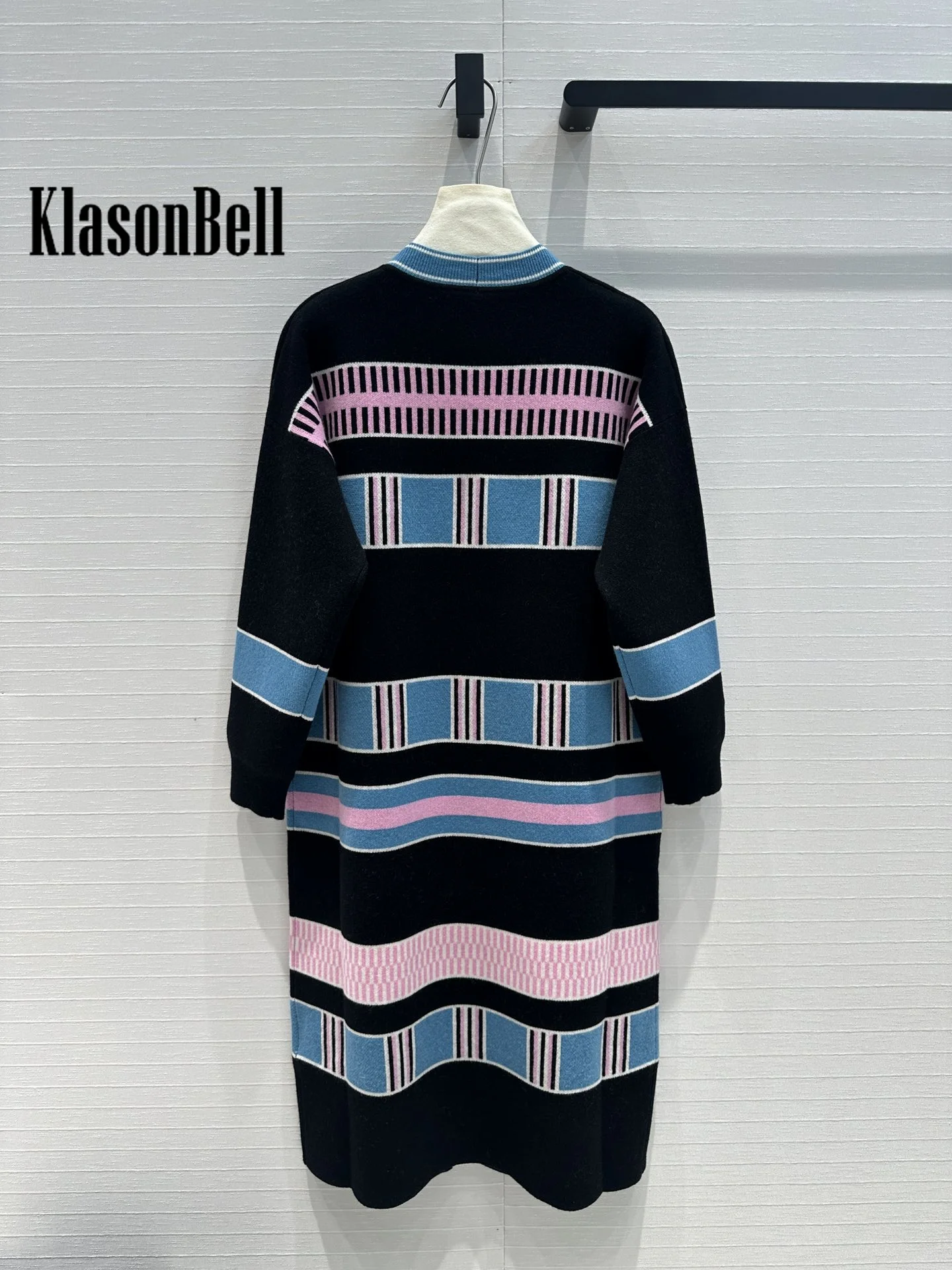 8.21 KlasonBell Women Elegant Fashion Geometric Striped Jacquard Cardigan Cashmere Knit Comfortable V-Neck Loose Long Coat