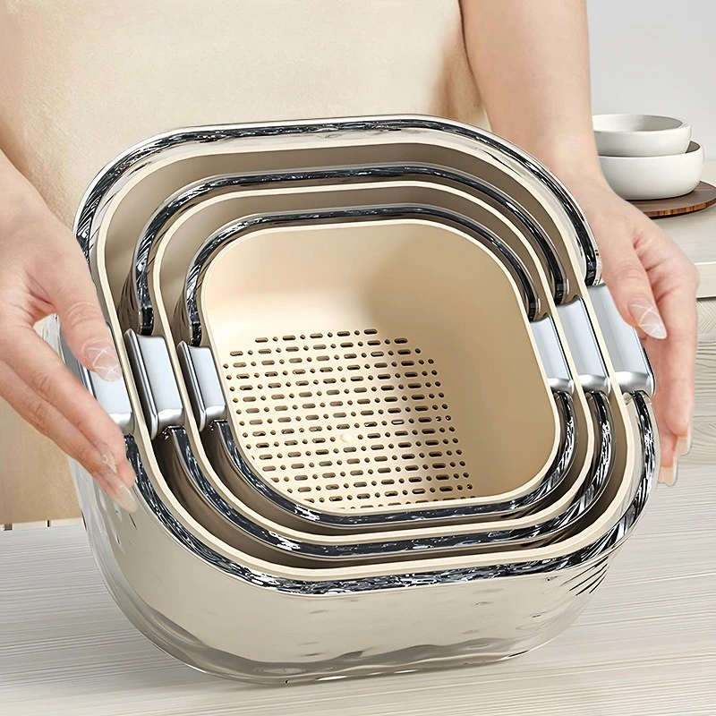 Double Layer Kitchen Basket Set 6-Piece Plastic Thickened with Handles Fruit Colander Dishwashing