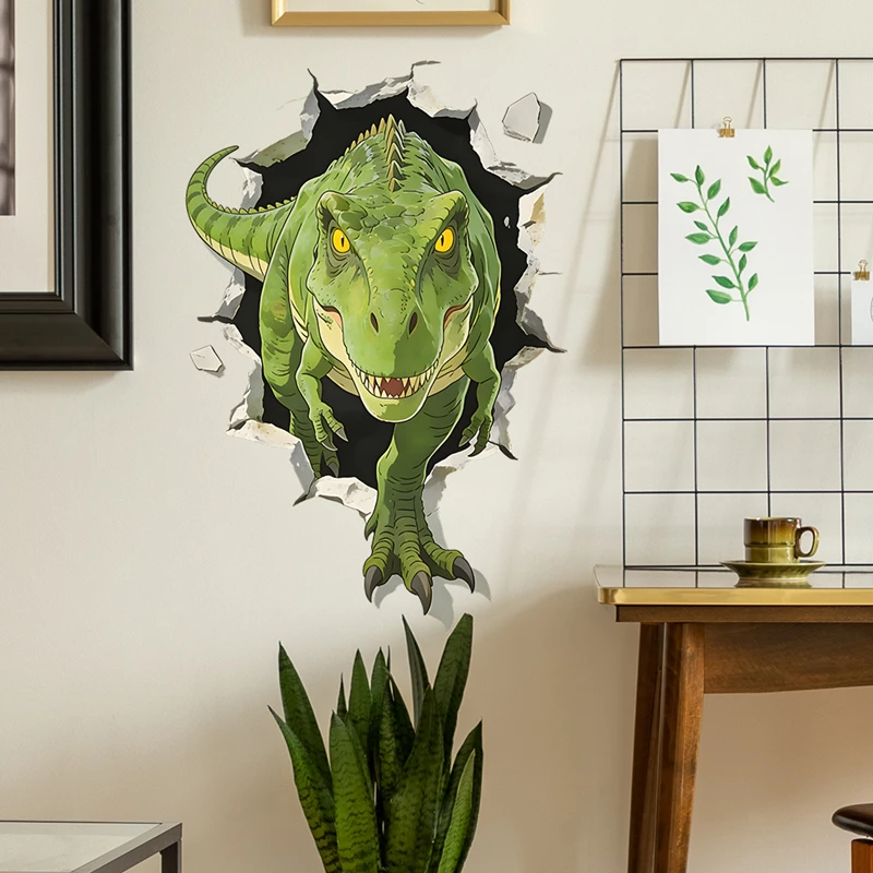 Ferocious T-rex Broken Wall Hole Art Jurassic Dinosaur World Vinyl Mural Stickers Home Nursery Decoration for Kids Room Bedroom