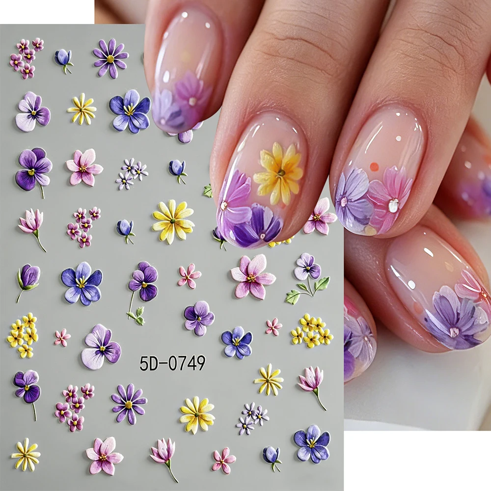 1Pcs 5D Dried Flower Template Design Nail Stickers Cute Three Colored Violet Small Daisy Spring Jasmine Flowers Nail Decals Deco