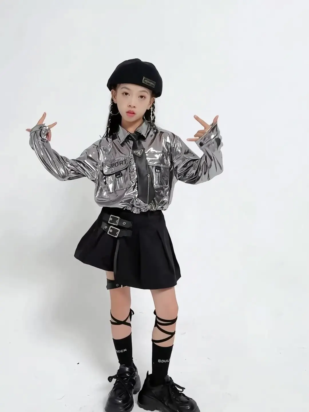 Hip Hop Kids Crop Sequins Silver Shirts Pleated Skirts Girls Streetwear School Uniform Clothes Set Child Jazz Girl Group Costume