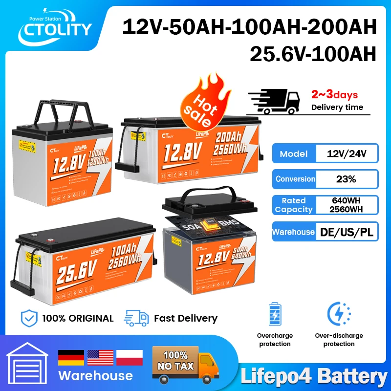 CTOLITY 12V 50AH 200Ah 24V 100AH LiFePO4-Batterie mit 50A 100A 200A BMS 640Wh 1280Wh 2560Wh Lithium-Eisenphosphat-Batterie für Wohnmobile, Golfwagen, Solarstromsysteme, Trolling-Motoren,