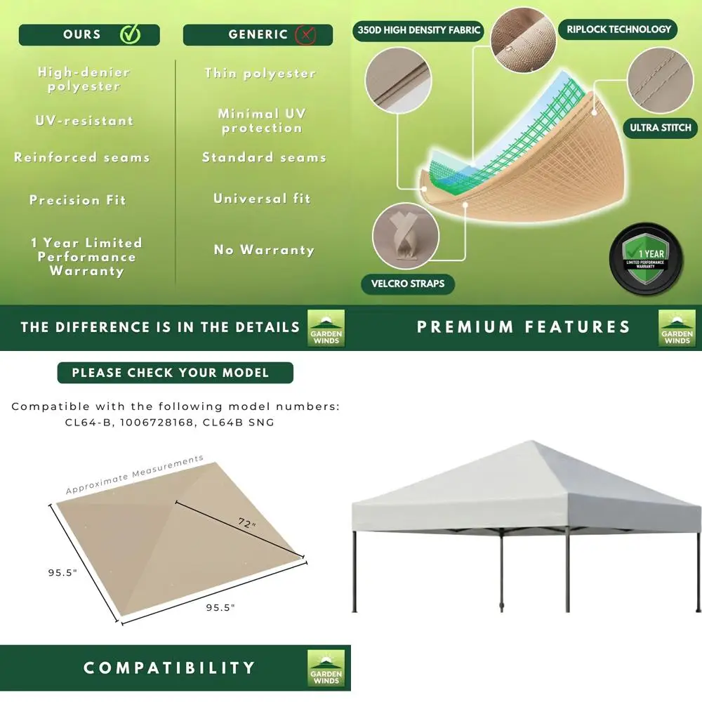 

Усиленная сменная верхняя крыша 8' x 8' для палатки Crown Shades - Classic Stone, Riplock 350
