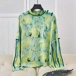 Vintage Chinese Style Print Artificial Silk Shirt Fashion Office Commuter Women Top Green Oil Painting Style Leisure Long Sleeve