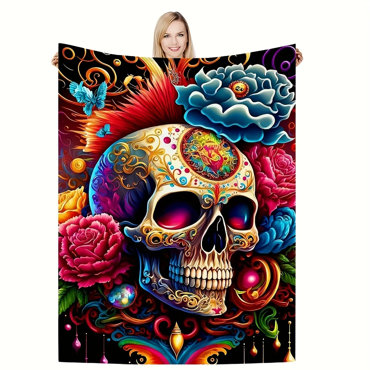 1pc Halloween-themed Plush Loop Blanket, Skull Flannel Blanket, Printed Sofa Throw Blanket, Air Conditioning Blanket, Nap Blanke