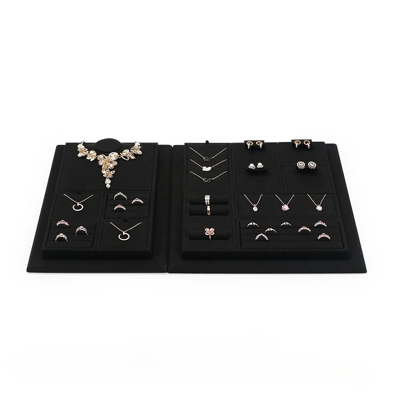 Jewelry display tray, black counter display stand, slanted metal frame, necklace, ring, bracelet display prop