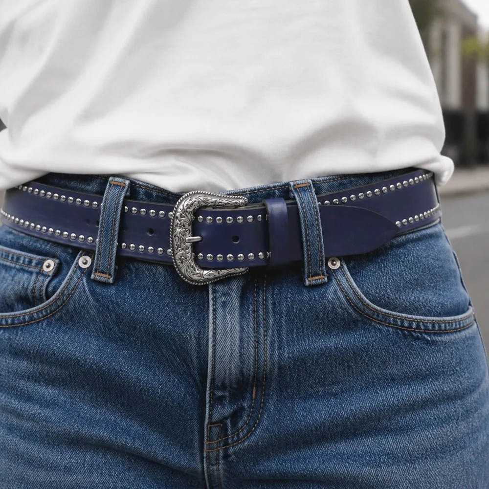 Blue Gemstone PU Belt Multiple Length Choices Statement Buckle Jeans Trousers Costume Styling Daily Wear Fashion Waist Durable