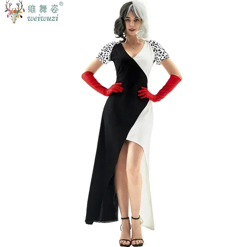 

Halloween Cruella Cosplay Costume Black and White Witch Wig Elegant Spotted Dress Clown Suit Halloween Women's Sexy Evening Gown