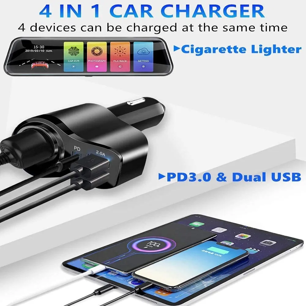 2022 4 in 1 USB C Car Charger, 36W Multi USB Cigarette Lighter Adapter, 12V/24V Dual USB Type C PD Fast Car Charger Adapter