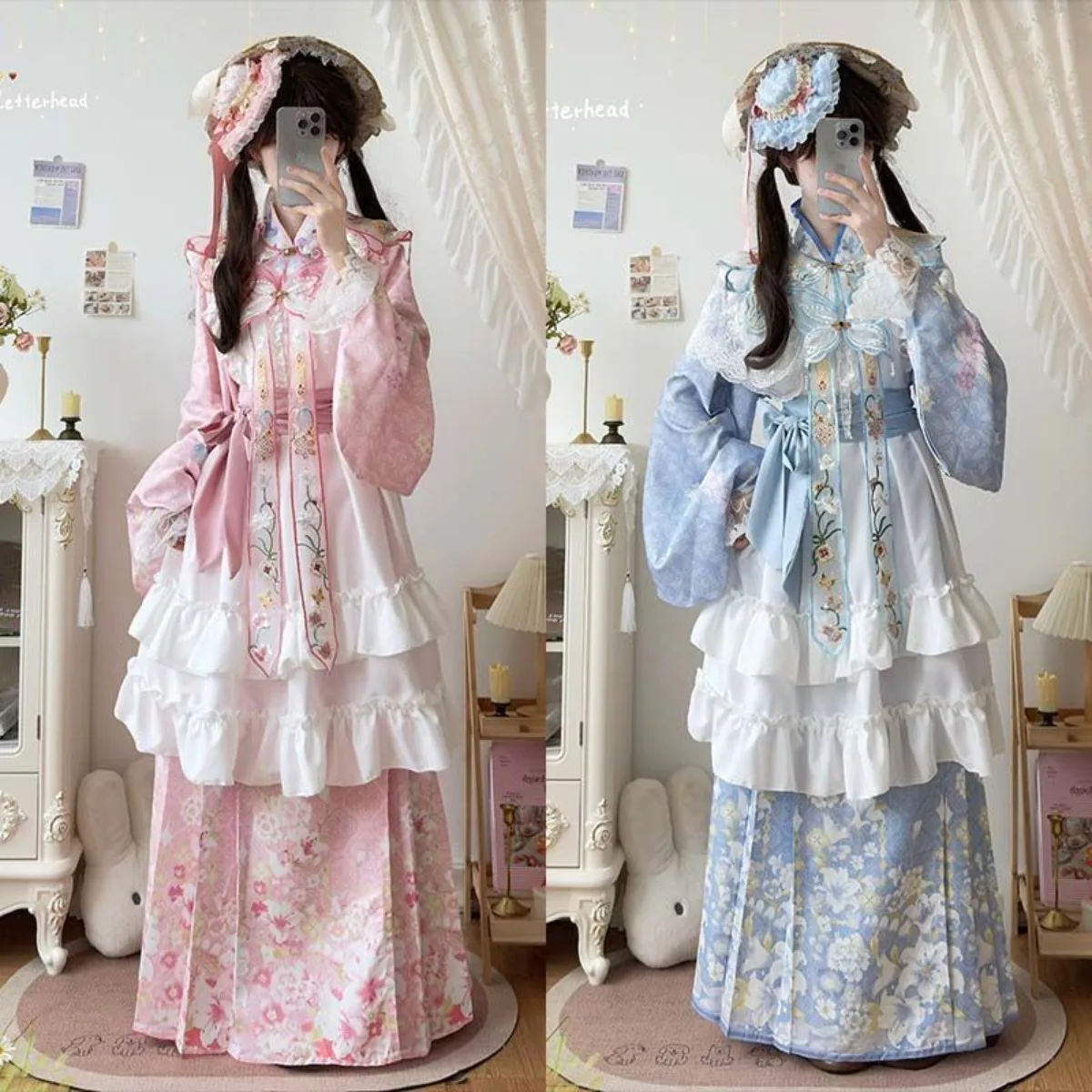 オリジナル・ミン・漢服セット、琵琶袖のトップス、マミアンクン、蝶の刺繍が施された雲模様の襟、中国風ロリータ・フュージョン・コスチューム。