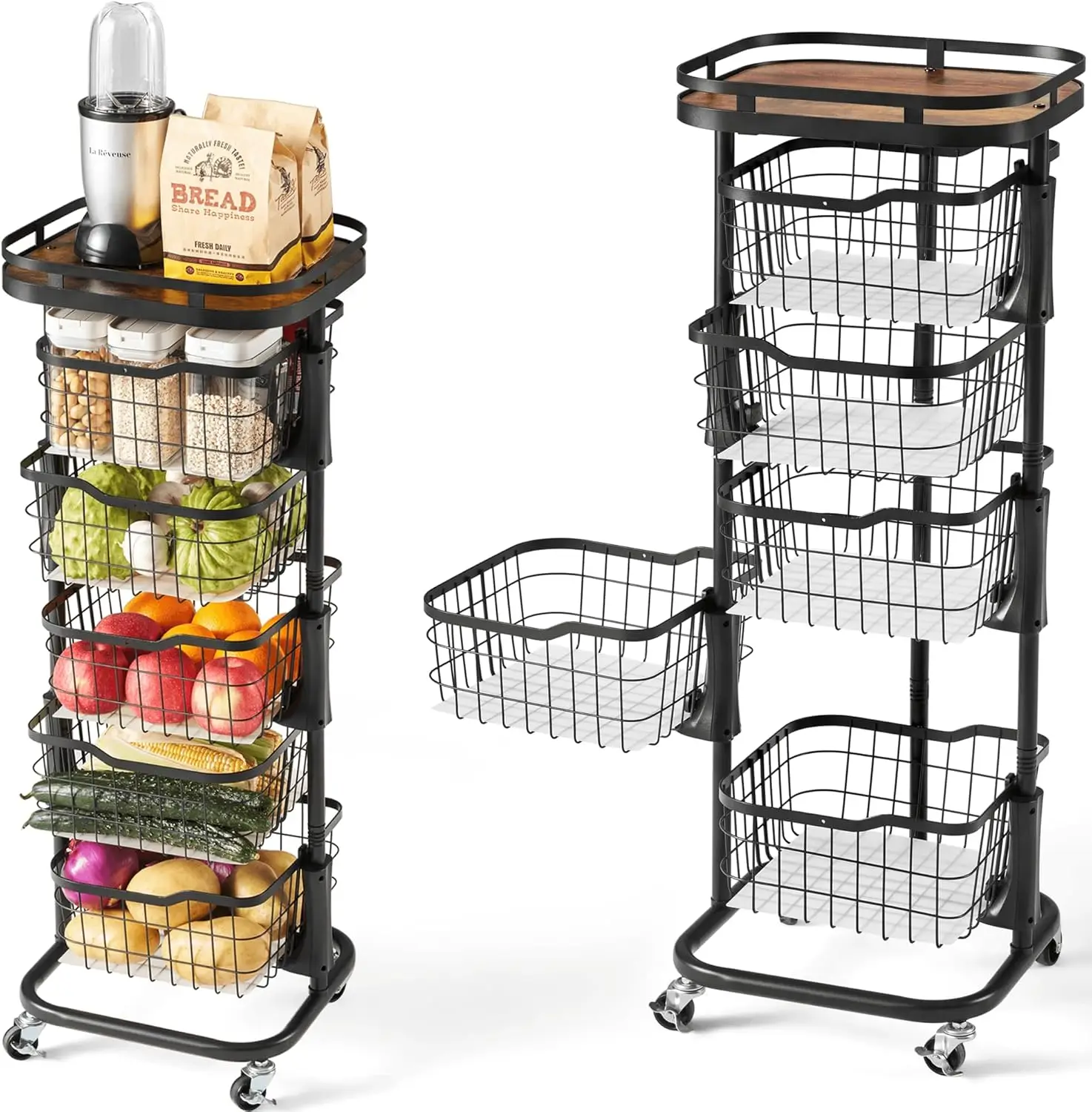 

5 Tier Kitchen Vegetable Storage Cart Fruit Basket with Rotating Bowls, Rolling Cart on Wheels with Wire Mesh Basket