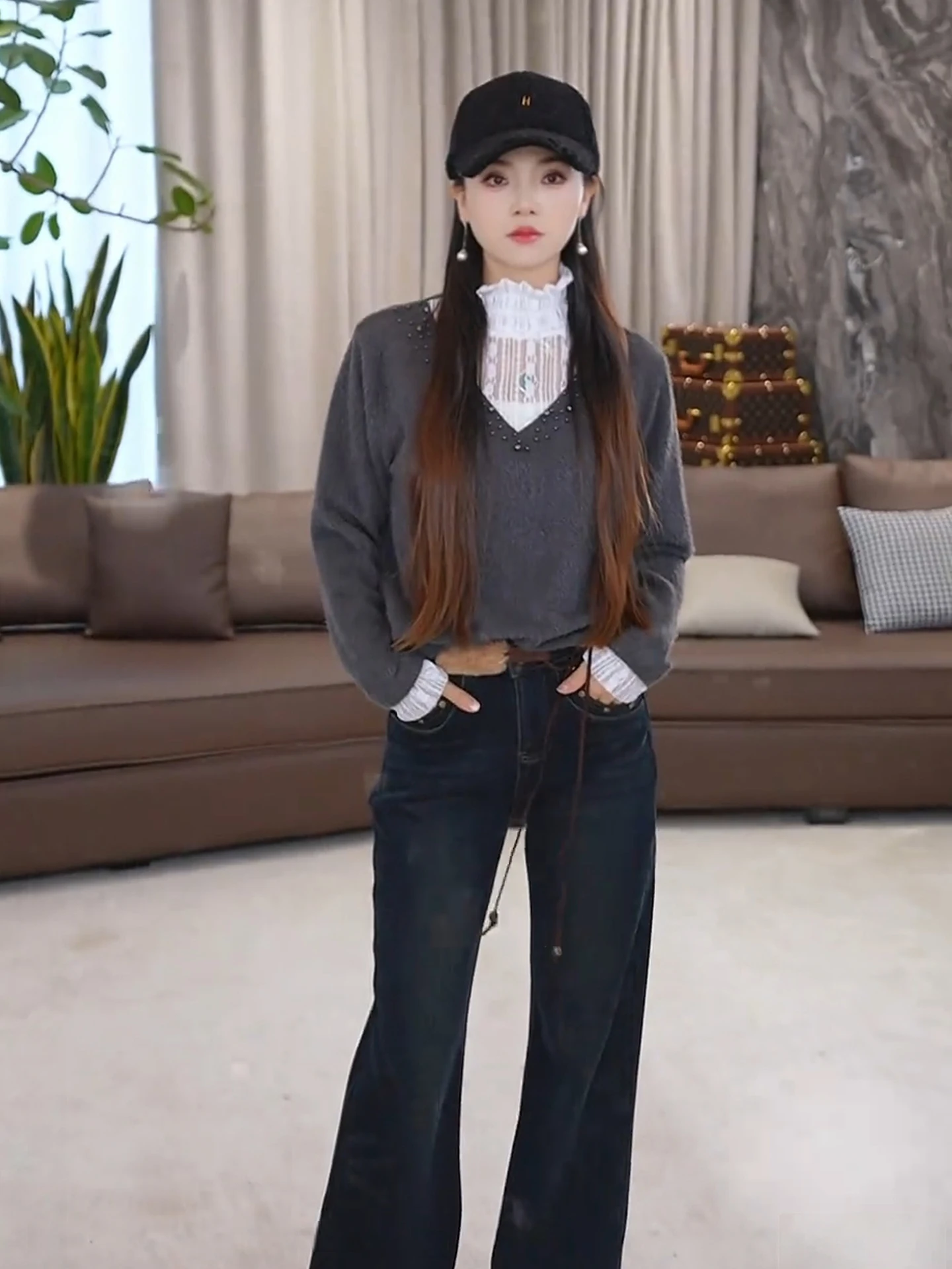 

Женский вязаный свитер в стиле ретро с кружевными вставками, длинными рукавами, круглым вырезом, средней длины, из смесового хлопка и полиэстера