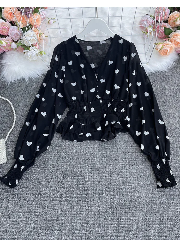 Spring Autumn Polka Dot Peach Heart Blouse Top Women\'s V-neck Puff Sleeve Short Pleated Waistless All-match Chiffon Shirt UK357