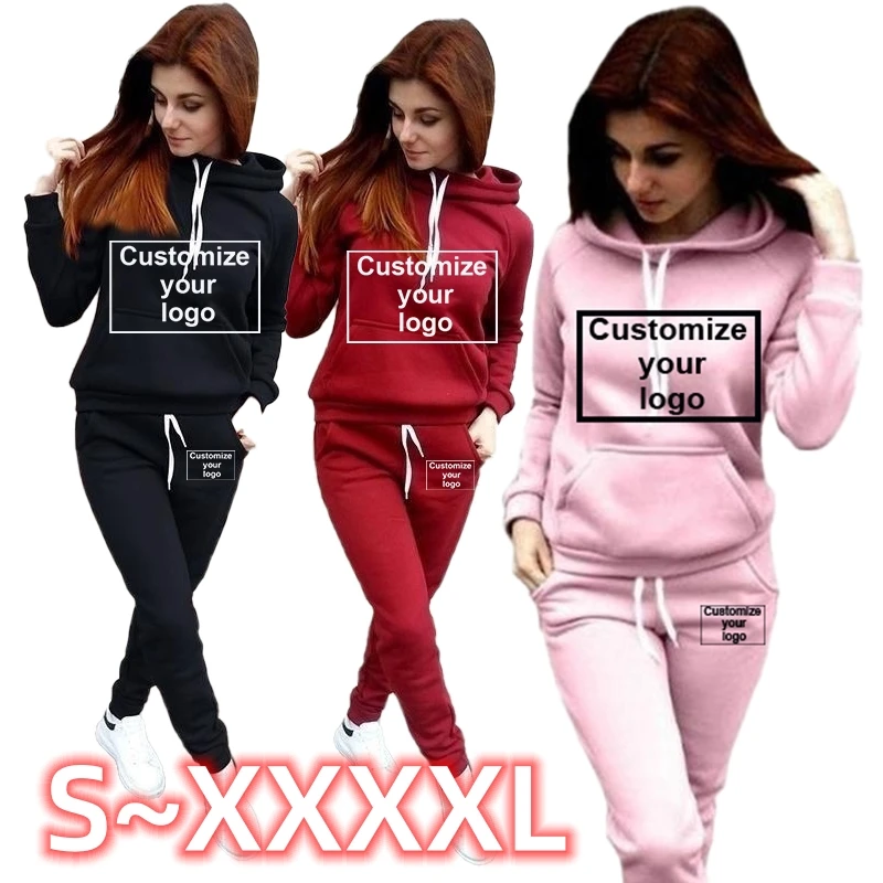 Women's fashion Hoodie suit Customize your logo Classic solid Sweatshirt+trousers suit hooded Sportswear