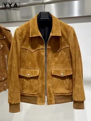 Giacche da motociclista in vera pelle scamosciata di pecora uomo autunno inverno nuovo Bomber in vera pelle colletto rovesciato capispalla Casual da lavoro