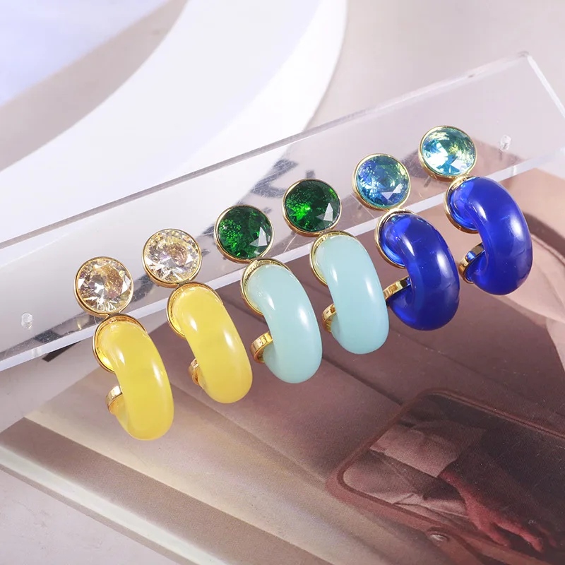 

Personality Geometric Irregular Inlay Color Zircon Resin Color Combination C-shaped Earrings Valentines Day Earrings