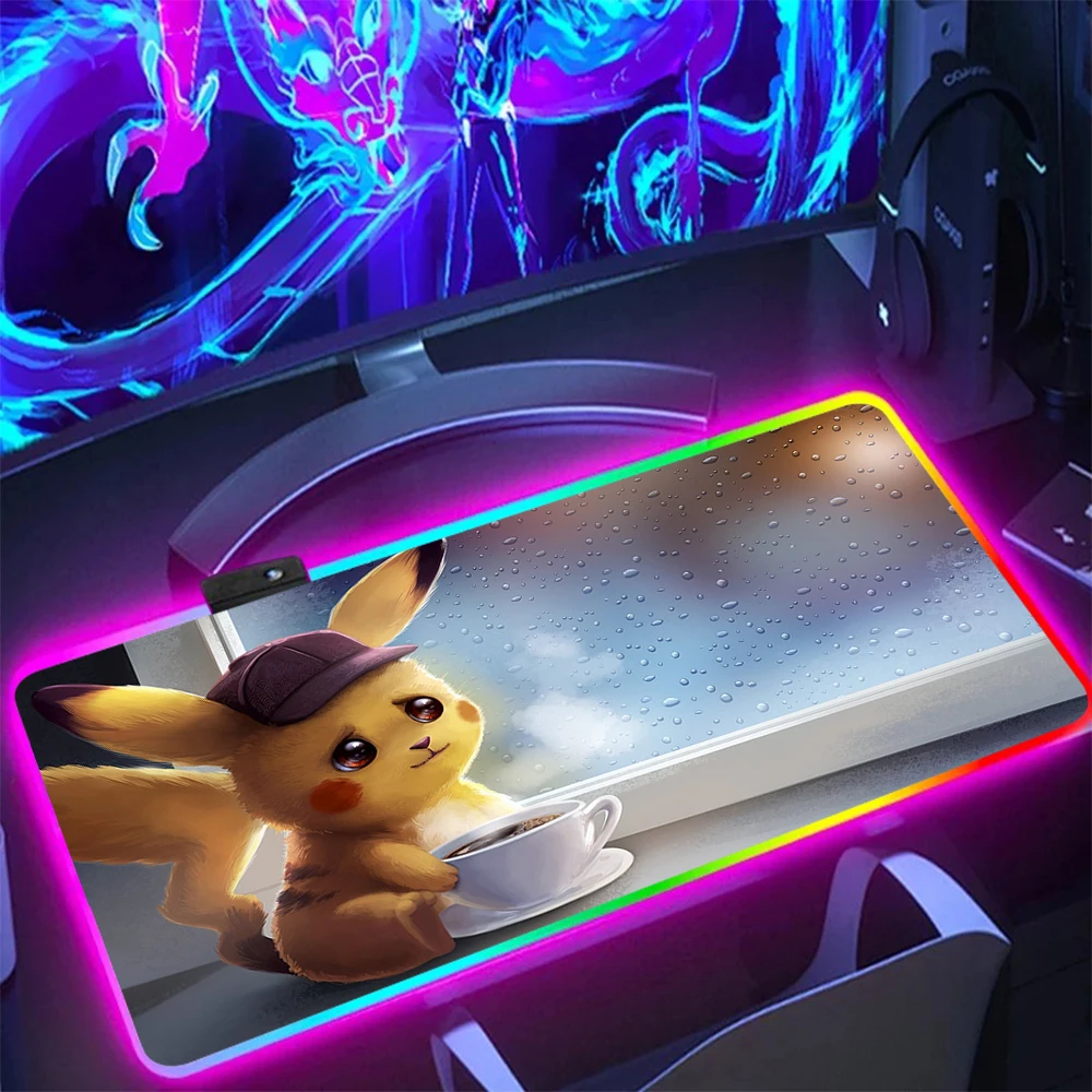 P-Pokemons Pikachus Gengars RGB PC Gamer Tastatur Mauspad Mousepad LED leuchtende Mausmatten Gummi Gaming Computer Mausepad