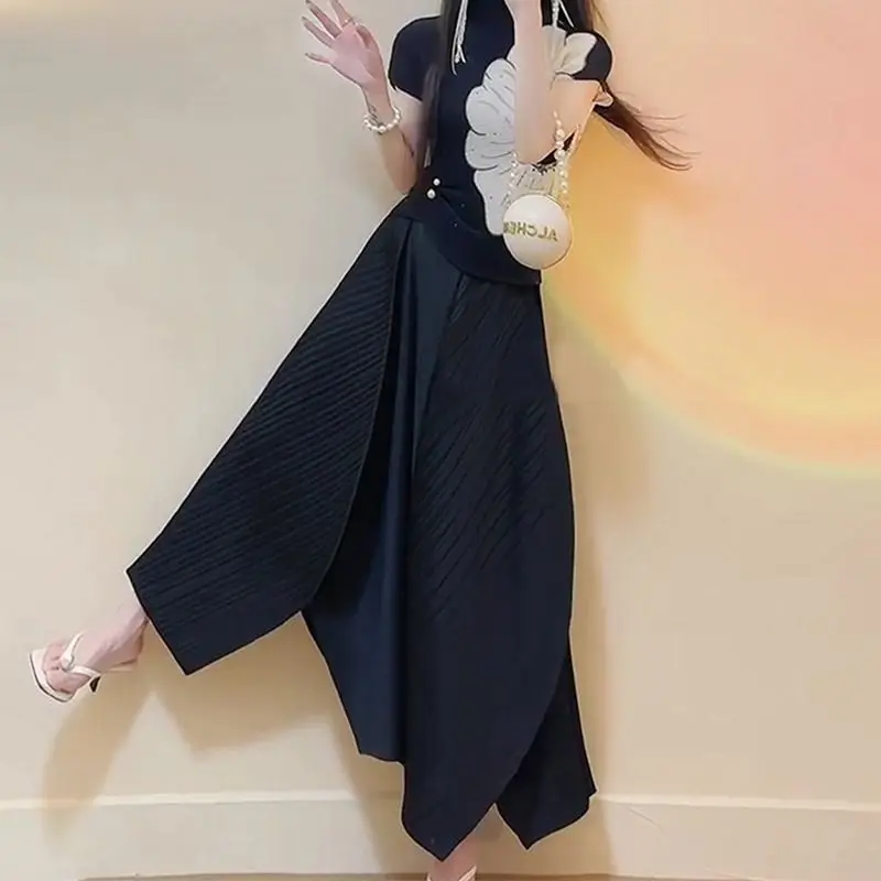 Versatile Patchwork Pleated Skirt Women Loose Long Skirt Elastic High Waist Design Solid Skirts Y2k Clothes Harajuku Trendy New