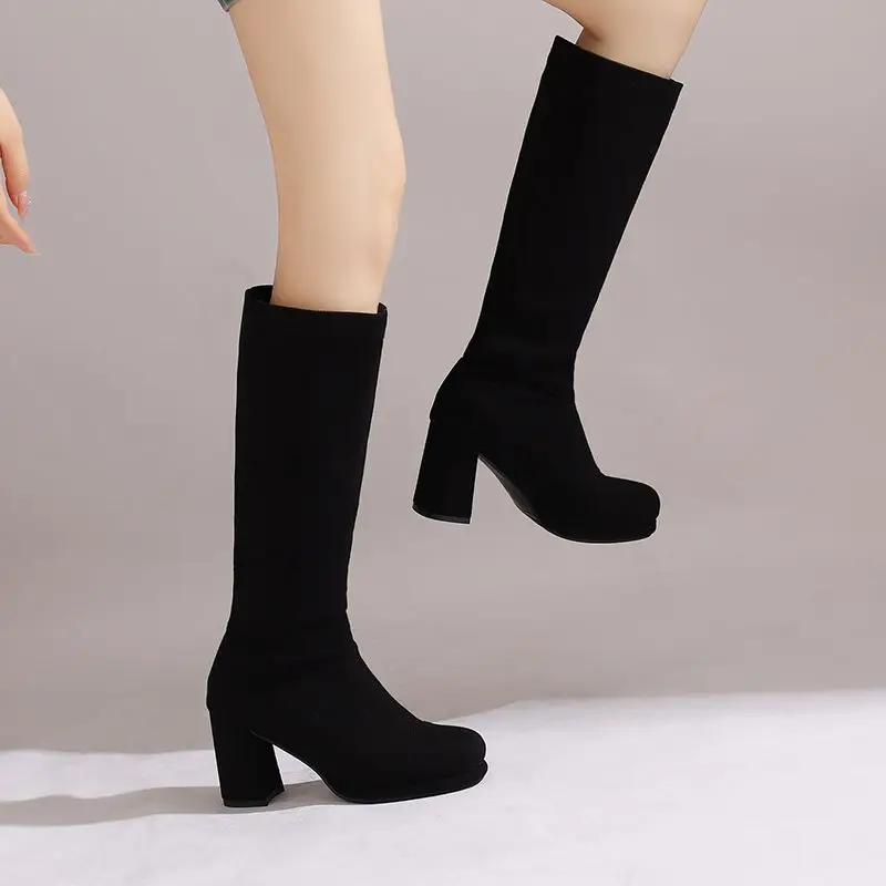 REAVE CAT Brand Women Knee High Boots Round Toe Block Heel 8cm Platform 1.5cm Slip On Size 47 48 Dating Female Stretch Bota