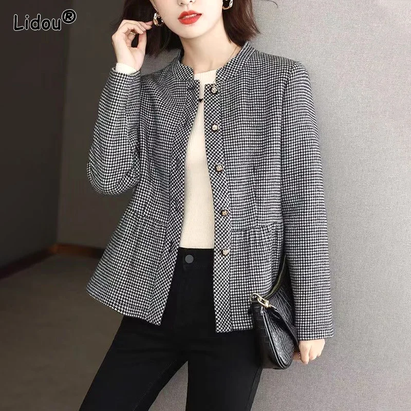 Women\'s Clothing Coats Jackets Jackets Houndstooth Thin Korean Women Single Breasted Skirt Autumn Winter Stand Button Dignified