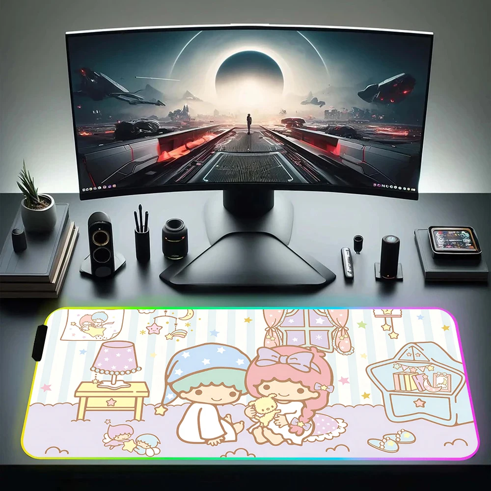 Cartoon Cute LittleTwinStars RGB Pc Gamer Keyboard Mouse Pad Mousepad LED Glowing Mouse Mats Rubber Gaming Computer Mausepad