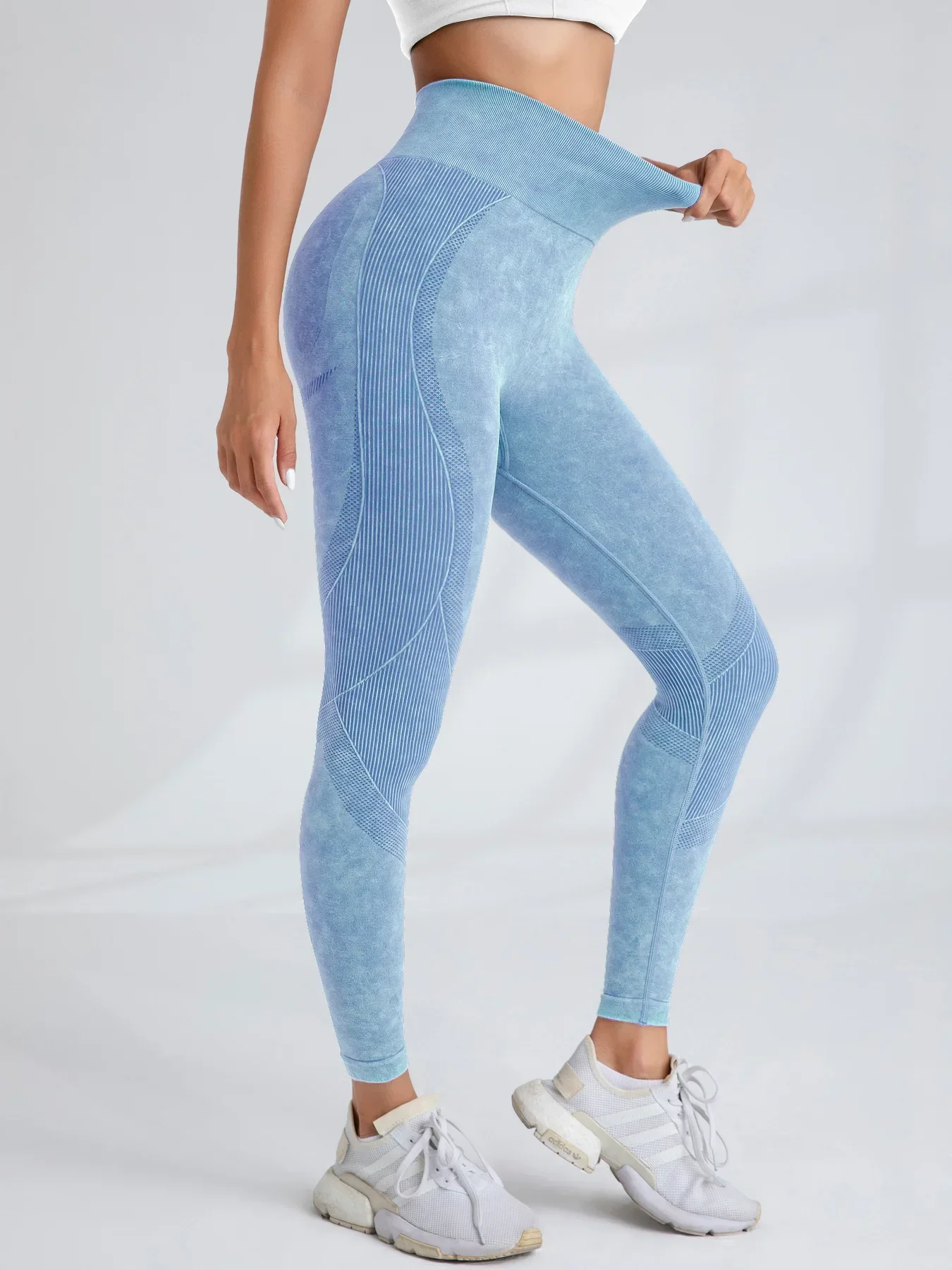 Damen High-Waist Nahtlose Yoga-Hose mit Buchstabenmuster, Sandgewaschen, Po-Lifting, Eng anliegende Taille, für Sport und Outdoor, Modische Leggings – Detail 31