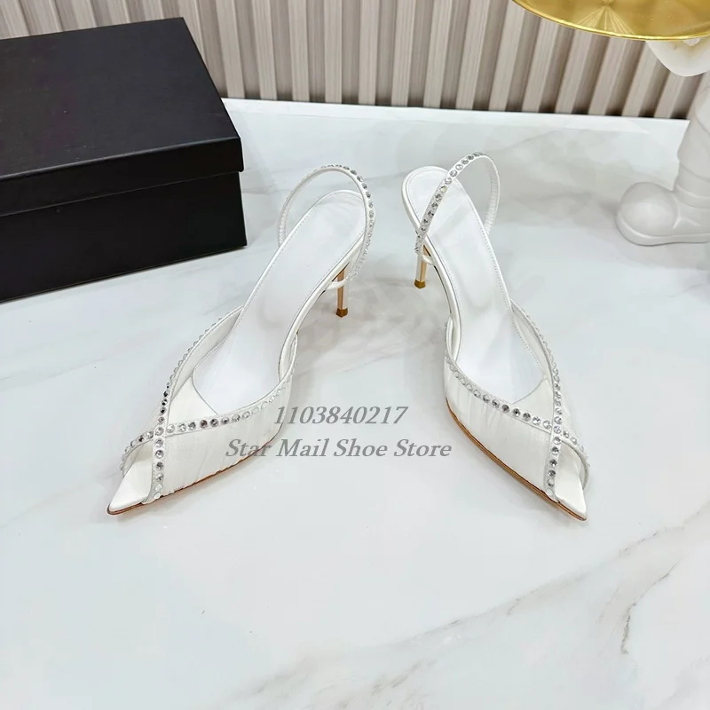 Sexy Point Toe Back Strap Stiletto Sandal 2024 Summer New Peep Toe Lace Fabric Paired with Water Diamond Women High Heel Sandals