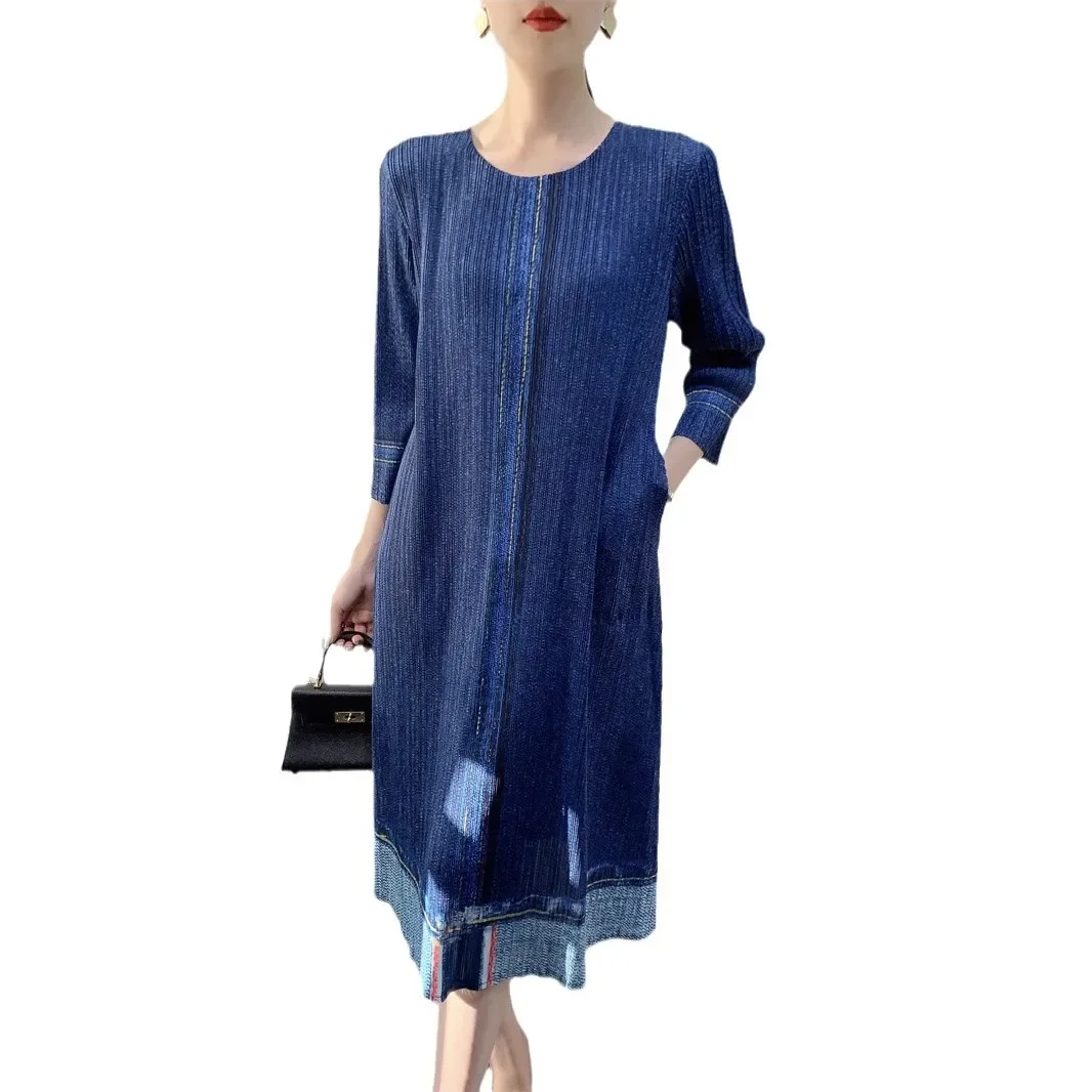 YUDX Women's Dress Denim Color Printed Seven Sleeve Medium Long Pleated Skirt 2024 Autumn New image 5