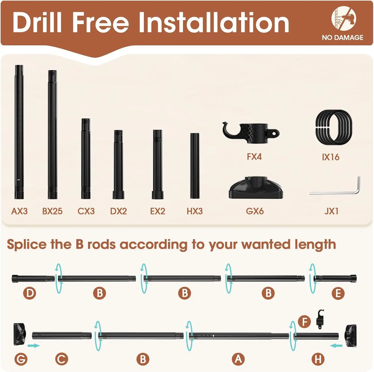 مقسم غرفة قابل للتعديل، بدون قضيب توتر للحفر، ارتفاع 4-10 أقدام، قسم أسود قائم بذاته لفصل المساحة #6