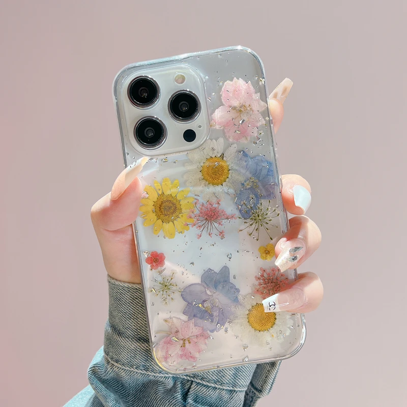 Pressed Flower Glitter Phone Case For iPhone 16 11 12 13 14 15 Pro Max XS XR 16 Plus Funda Luxury Dried Flower Clear TPU Cover