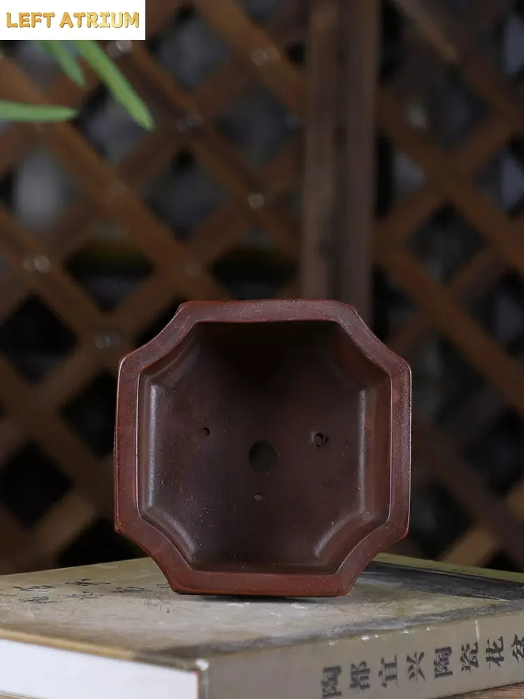 Purple Sand Carved Round Angle Rectangle Bonsai Pot, Chinese Garden Decoration