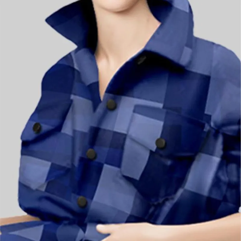 Fashion Blue Plaid Trench Coat Female New Style Clothing Lightly Mature Sense Top