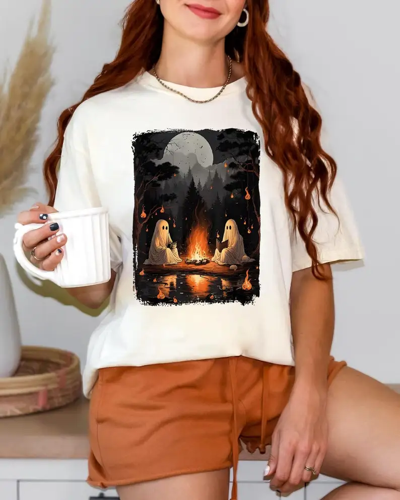 

Comfort Colors Camping Halloween Ghost Reading Book Shirt, Spooky Season Shirt, Women Fall Tshirt, graphic t shirts gothic