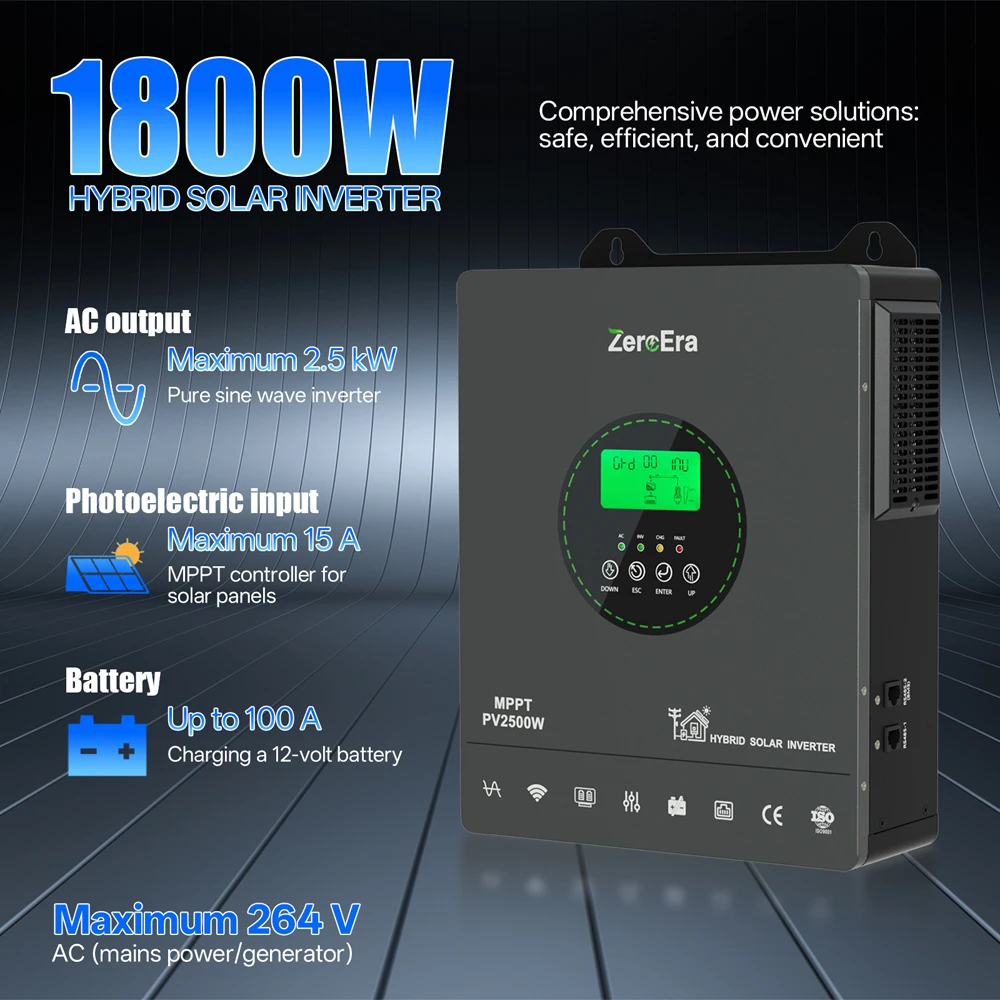 ZeroEra 1,8 kW Hybrid-Solarwechselrichter, reine Sinuswelle, 12 V auf 230 V, funktioniert ohne Batterie, netzunabhängig/netzgekoppelt, integrierter MPPT-Solarregler, APP-Fernüberwachung für
