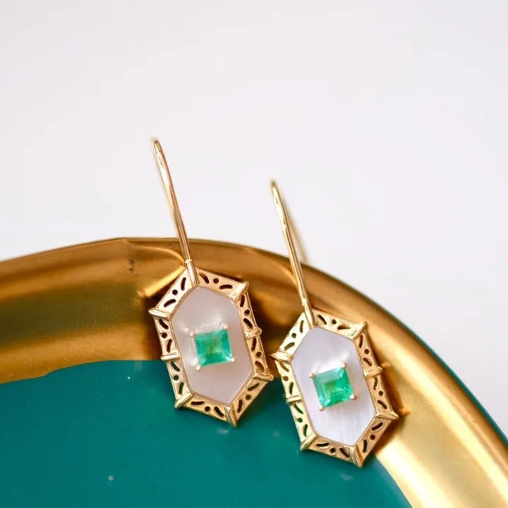 المتخصصة خمر 925 الفضة الطبيعية الأبيض قذيفة الزمرد هندسية الأذن السنانير 18K الذهب معبأ مسدس الأحجار الكريمة إسقاط أقراط مجوهرات #3