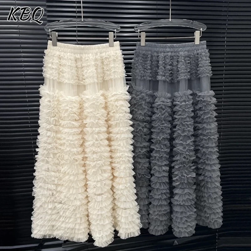 

KBQ Элегантные однотонные свободные юбки со складками для женщин с высокой талией, темпераментная сетчатая юбка средней длины, женская зимняя стильная юбка