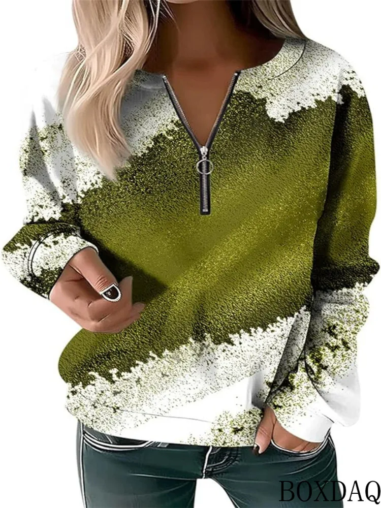 New Women's Gradient Pattern Printing Fashion Hoodies Zipper V-Neck Long Sleeved  Casual Sweatshirt  Autumn Ladies' Tops